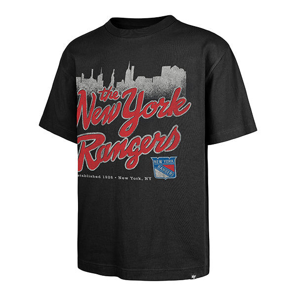 The model is wearing this NHL New York Rangers Sigma ’47 Foundation T-Shirt in black. 4