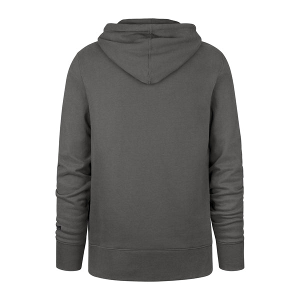 The model is wearing this MLB New York Yankees Base Runner ’47 Burnside Pullover Hoodie in charcoal. 2