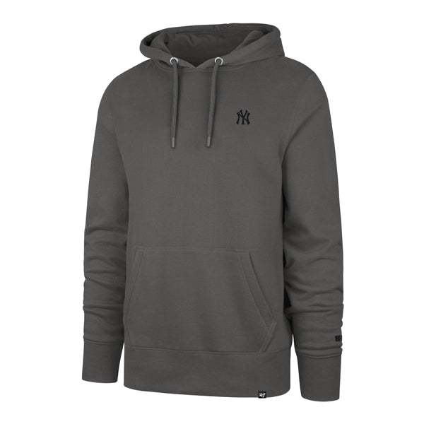 The model is wearing this MLB New York Yankees Base Runner ’47 Burnside Pullover Hoodie in charcoal. 1