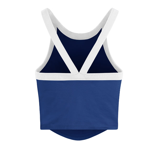 The model is wearing this MLB Los Angeles Dodgers Womens Shimmer Shadow ’47 Sporty Tank Top in blue. 2