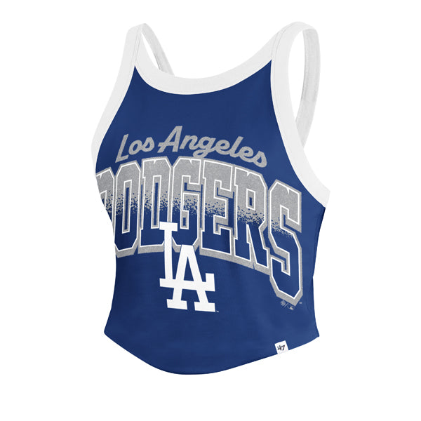 The model is wearing this MLB Los Angeles Dodgers Womens Shimmer Shadow ’47 Sporty Tank Top in blue. 1