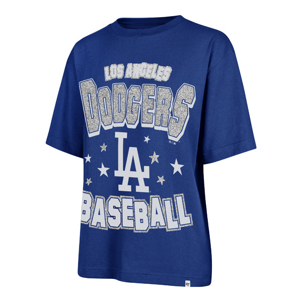 The model is wearing this MLB Los Angeles Dodgers Womens Scatter Star ’47 Foundation T-Shirt in blue. 1