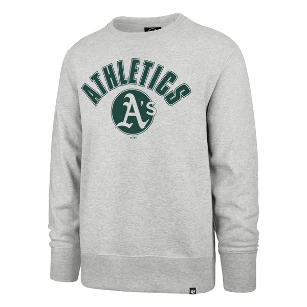 The model is wearing this MLB Oakland Athletics Issued Headline ’47 Crewneck Sweatshirt in grey. 1