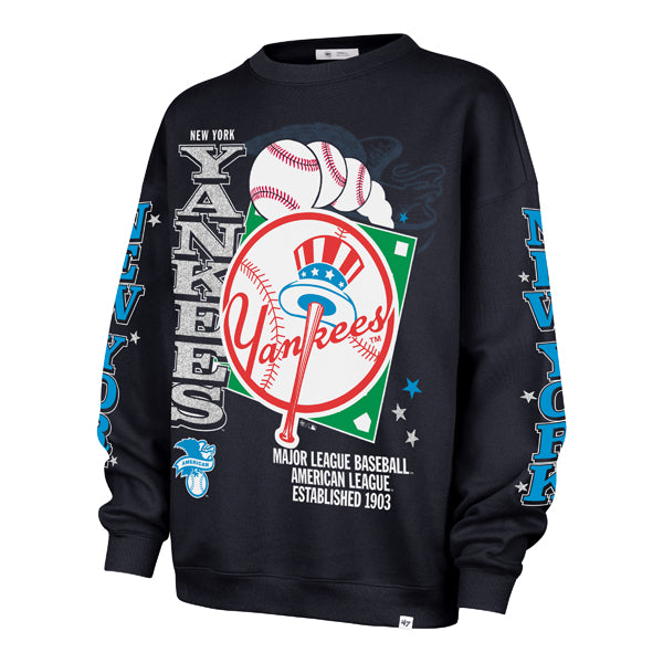 The model is wearing this MLB New York Yankees Womens Thunderous ’47 Oversized Crewneck Sweatshirt in navy. 1