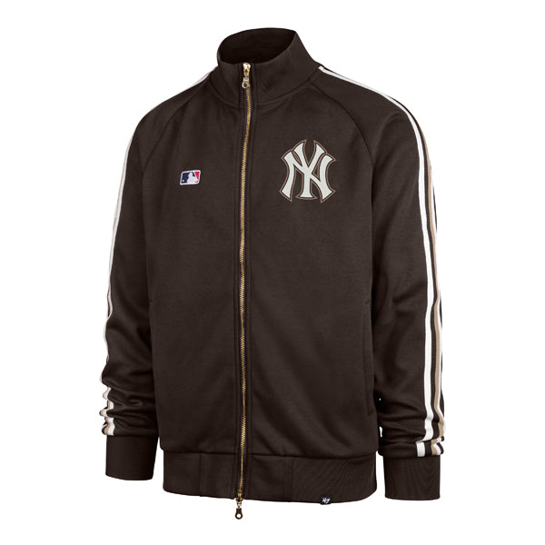 The model is wearing this MLB New York Yankees Jetway ’47 Full Zip Track Jacket in dark brown. 1