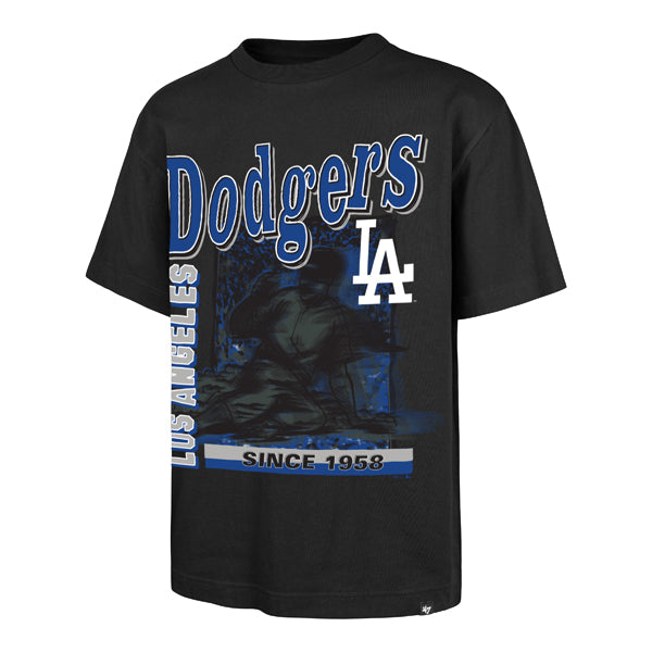 The model is wearing this MLB Los Angeles Dodgers Speed Burst ’47 Foundation T-Shirt in black. 1