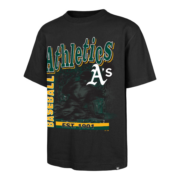 The model is wearing this MLB Athletics Speed Burst ’47 Foundation T-Shirt in black. 1
