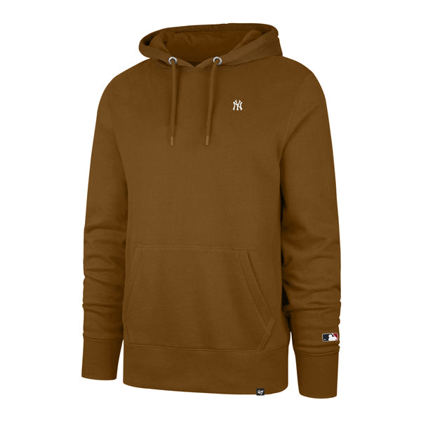The model is wearing this MLB New York Yankees Base Runner ’47 Burnside Pullover Hoodie in dark brown. 1