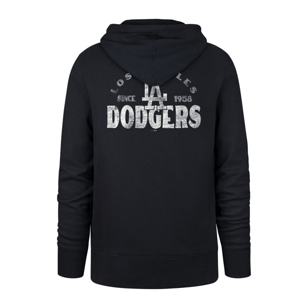 The model is wearing this MLB Los Angeles Dodgers Arcitext Headline ’47 Hoodie in dark blue. 2