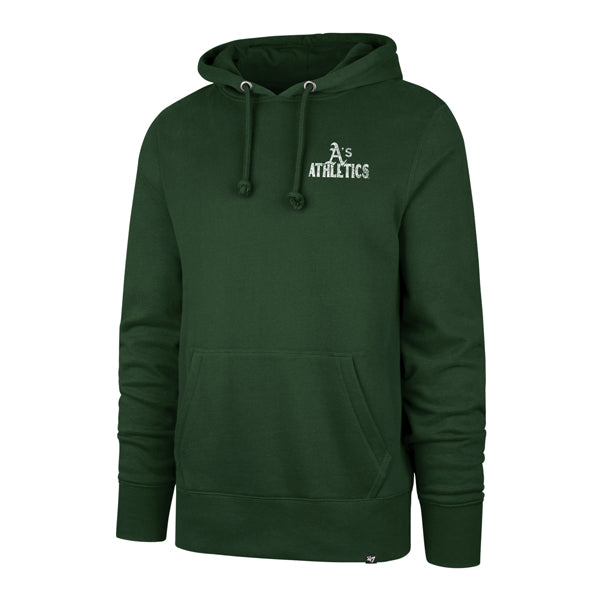 The model is wearing this MLB Athletics Arcitext ’47 Headline Hoodie in dark green. 1