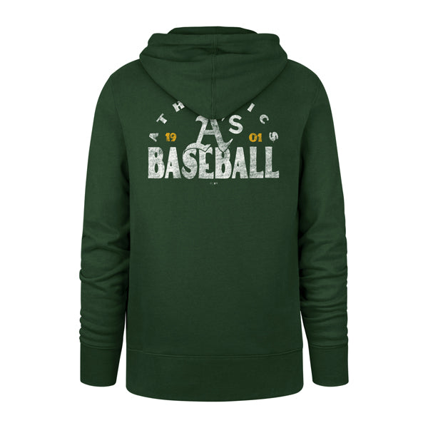 The model is wearing this MLB Oakland Athletics Arcitext Headline ’47 Hoodie in dark green. 2
