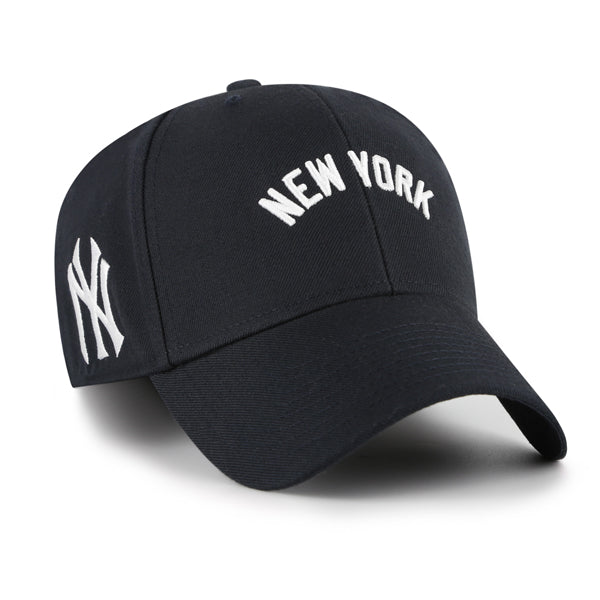 Pictured is this MLB New York Yankees Ballpark Script Shot ’47 MVP cap in navy. 1
