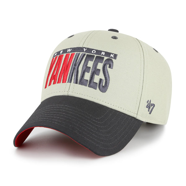 Pictured is this MLB New York Yankees Half Block Text ’47 MVP cap in grey. 1