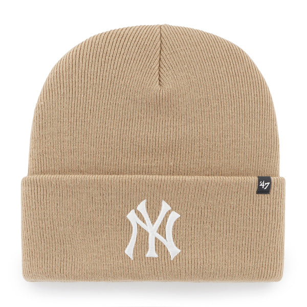 Pictured is this MLB New York Yankees Haymaker ’47 CUFF KNIT beanie cap in beige. 1