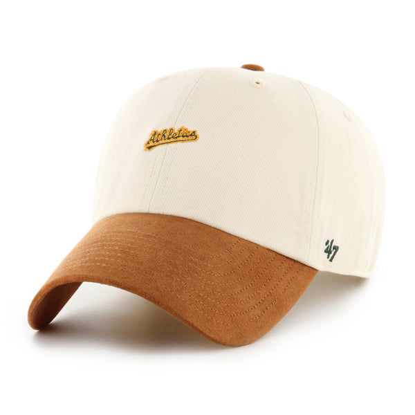 Pictured is this MLB Athletics Script Suede Visor ’47 CLEAN UP cap in natural. 1
