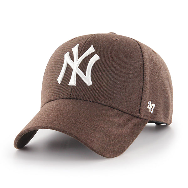 Pictured is this MLB New York Yankees Snapback '47 MVP cap in brown. 1