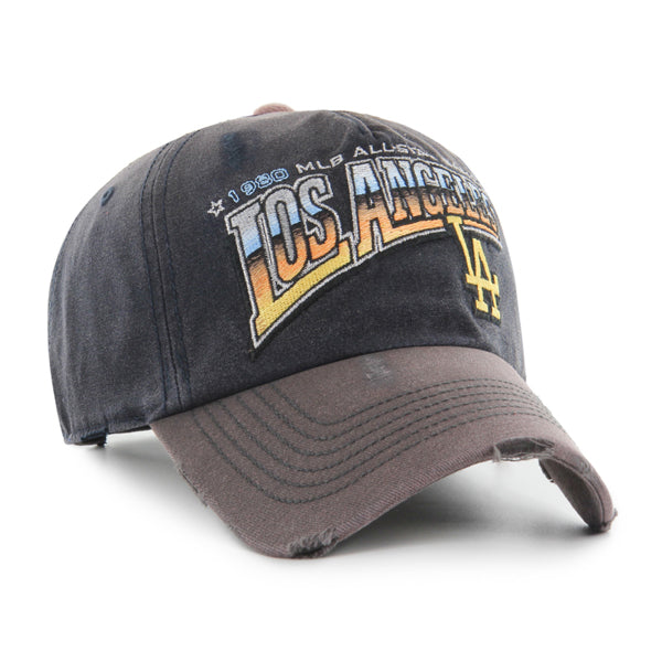 Pictured is this MLB Los Angeles Dodgers Graphic Distress Wash ’47 CLEAN UP Pitch Front cap in charcoal. 2