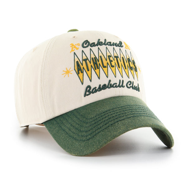 Pictured is this MLB Oakland Athletics Cooperstown TT Graphic Washed ’47 CLEAN UP cap in natural. 2