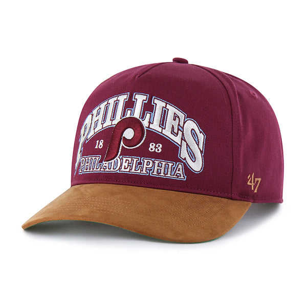 Pictured is this MLB Philadelphia Phillies Break Wood Suede ’47 HITCH cap in dark red. 1