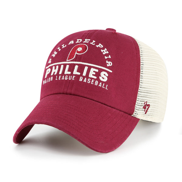 Pictured is this MLB Philadelphia Phillies Windham Mesh ’47 CLEAN UP cap in dark red. 1
