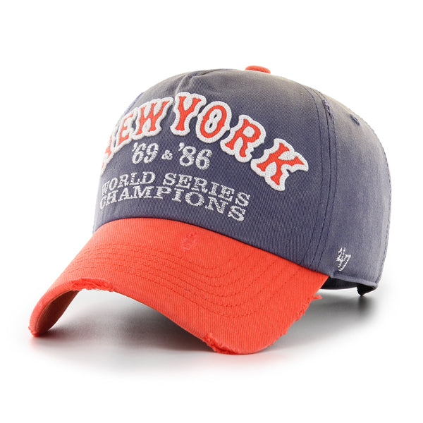 Pictured is this MLB New York Mets Cooperstown Arch Script Washed ’47 CLEAN UP Pinch Front cap in navy. 1