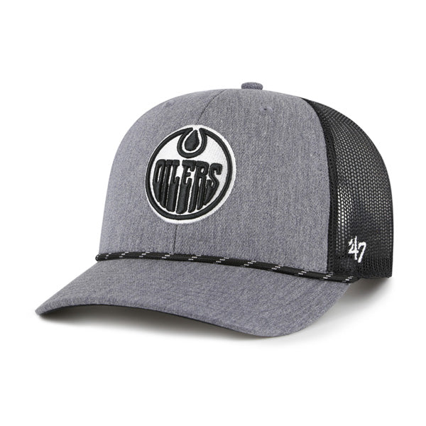 Pictured is this NHL Edmonton Oilers Carbon Rope ’47 TRUCKER cap in dark grey. 1