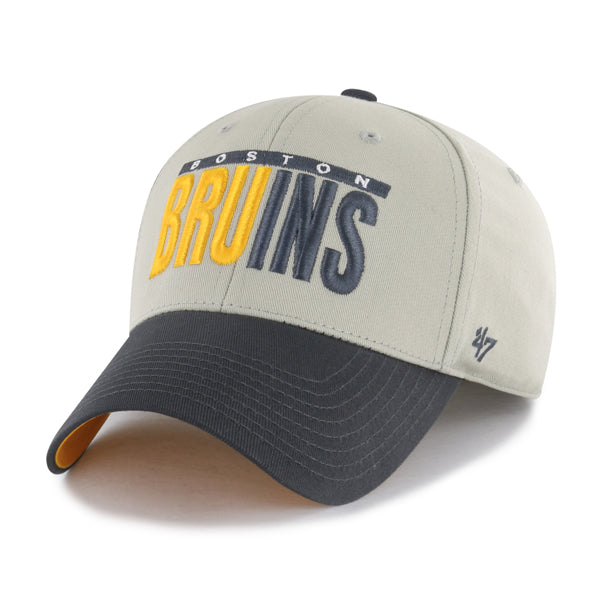 Pictured is this NHL Boston Bruins Half Block Text ’47 MVP cap in grey. 1