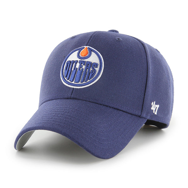 Pictured is this NHL Edmonton Oilers ’47 MVP cap in navy. 1
