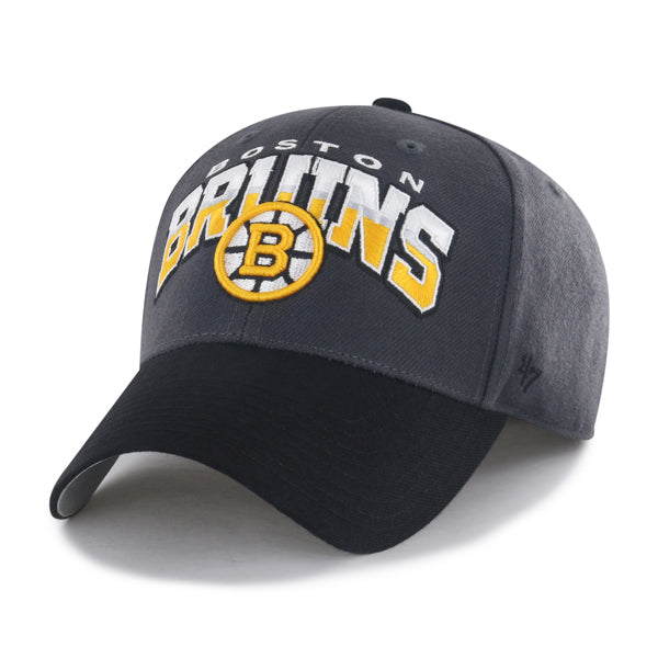 Pictured is this NHL Boston Bruins Split Block ’47 MVP cap in charcoal. 1