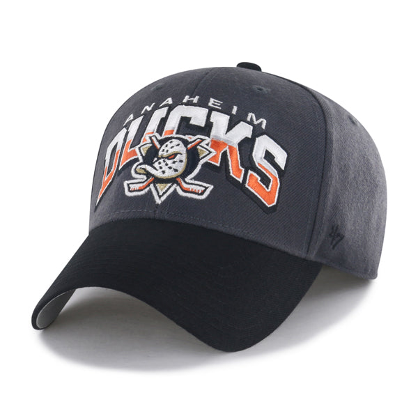 Pictured is this NHL Anaheim Ducks Split Block ’47 MVP cap in charcoal. 1