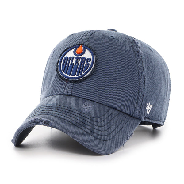 Pictured is this NHL Edmonton Oilers Weathered ’47 CLEAN UP cap in navy. 1