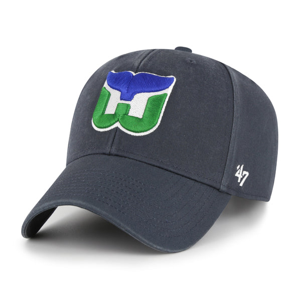 Pictured is this NHL Hartford Whalers Legend ’47 MVP cap in navy. 1