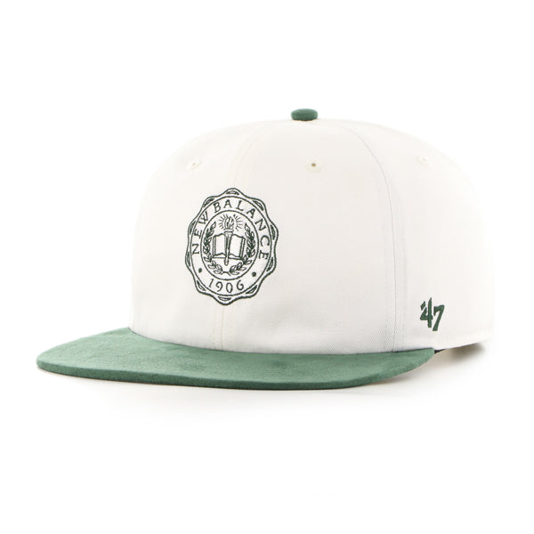 Pictured is this New Balance Arch Suede ’47 CAPTAIN RL cap in white & dark green. 1