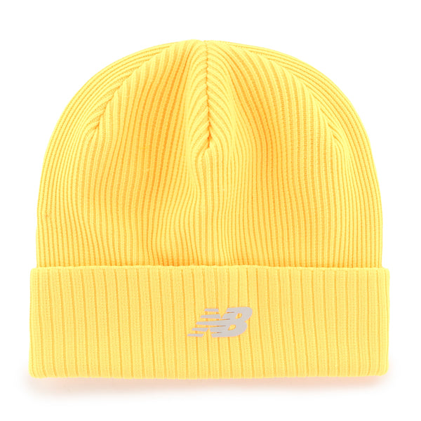 Pictured is this New Balance Reflect ’47 CUFF KNIT beanie cap in light orange. 1