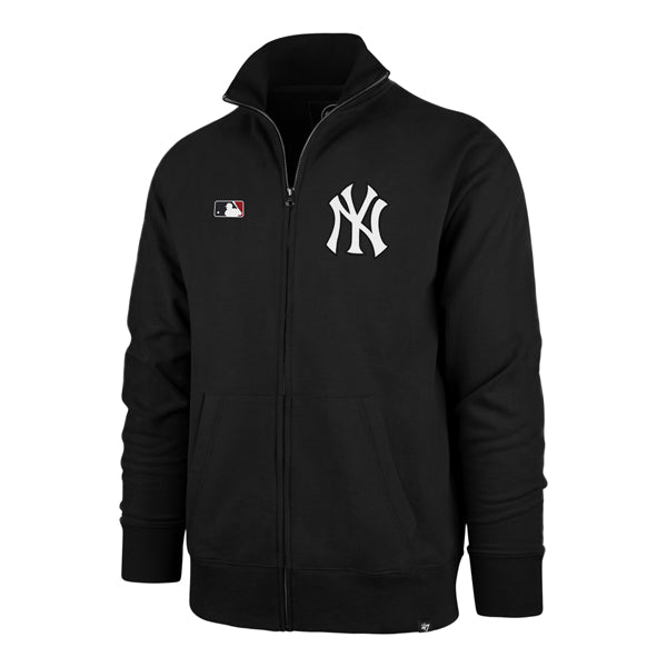 The model is wearing this MLB New York Yankees Islington ’47 Track Jacket in black. 1