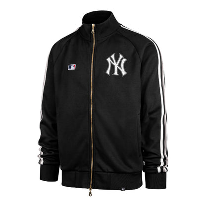 The model is wearing this MLB New York Yankees Core Jetway ’47 Full Zip Track Jacket in black. 1