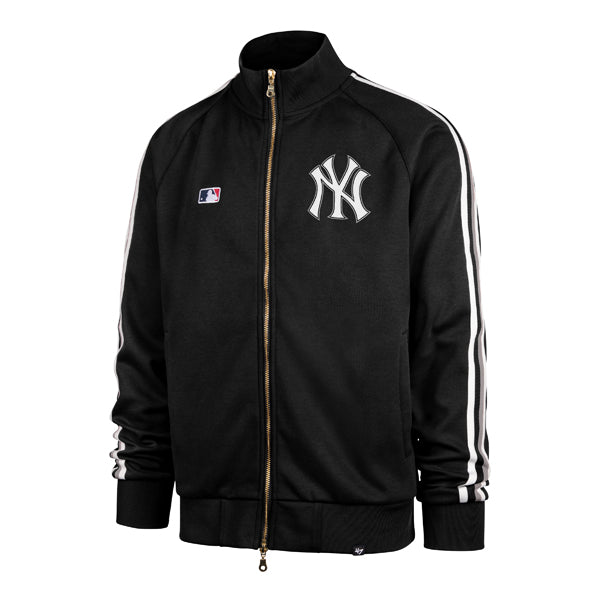 The model is wearing this MLB New York Yankees Core Jetway ’47 Full Zip Track Jacket in black. 1