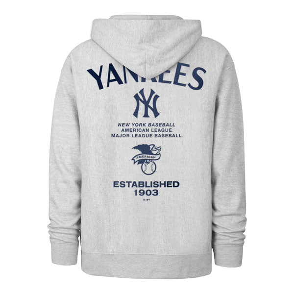 The model is wearing this MLB New York Yankees Constantine ’47 Foundation Hoodie in grey. 2