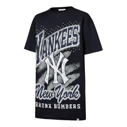 The model is wearing this MLB New York Yankees Womens Gemstone Swash ’47 T-Shirt Dress in navy. 1