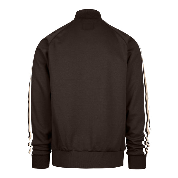 The model is wearing this MLB New York Yankees Jetway ’47 Full Zip Track Jacket in dark brown. 2