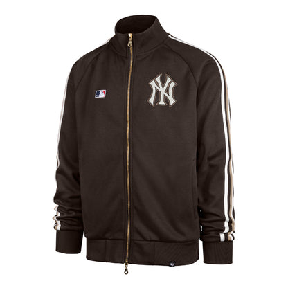 The model is wearing this MLB New York Yankees Jetway ’47 Full Zip Track Jacket in dark brown. 1