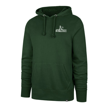 The model is wearing this MLB Oakland Athletics Arcitext Headline ’47 Hoodie in dark green. 1
