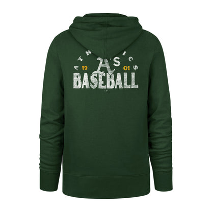 The model is wearing this MLB Oakland Athletics Arcitext Headline ’47 Hoodie in dark green. 2