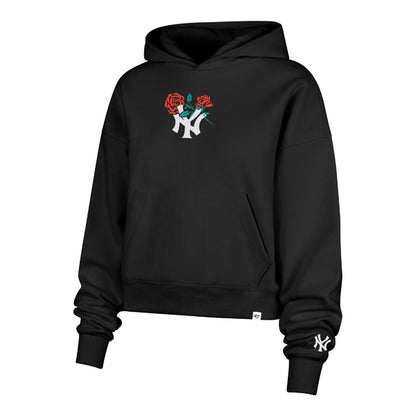 The model is wearing this MLB New York Yankees Womens Herbarium ’47 Foundation Hoodie in black. 1