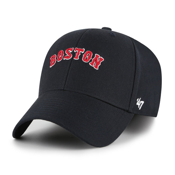 Pictured is this MLB Boston Red Sox Ballpark Script Shot '47 MVP cap in navy. 2