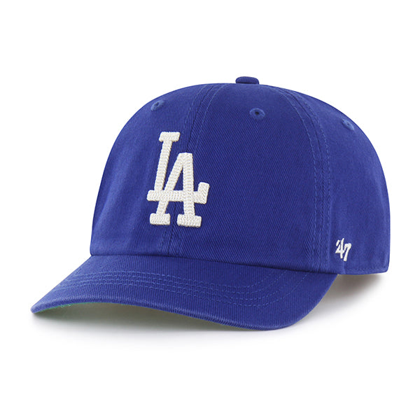 Pictured is this MLB Chain Side Stitch Los Angeles Dodgers ’47 CLEAN UP Short Visor cap in blue. 1