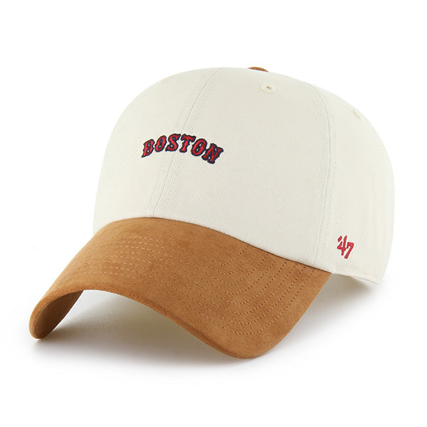 Pictured is this MLB Boston Red Sox Script Suede Visor '47 CLEAN UP cap in natural. 1