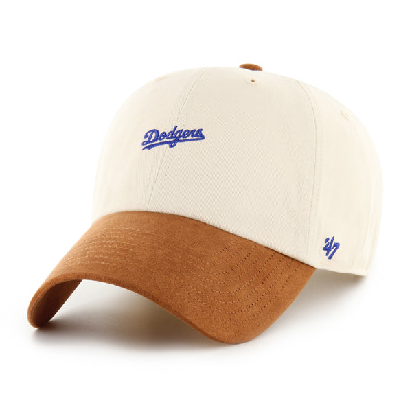 Pictured is this MLB Los Angeles Dodgers Script Suede Visor '47 CLEAN UP cap in natural. 1