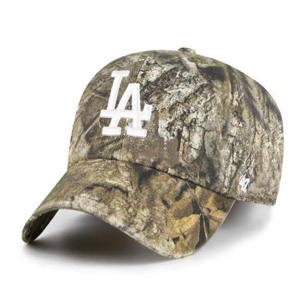 Pictured is this MLB Los Angeles Dodgers Realtree '47 CLEAN UP cap in beige/khaki. 1