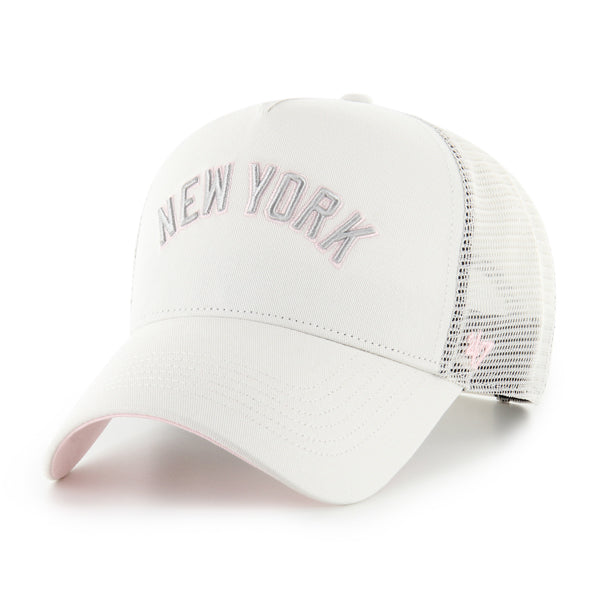 Pictured is this MLB New York Yankees Soft Glow Script '47 OFFSIDE DT cap in white and digital pink. 1